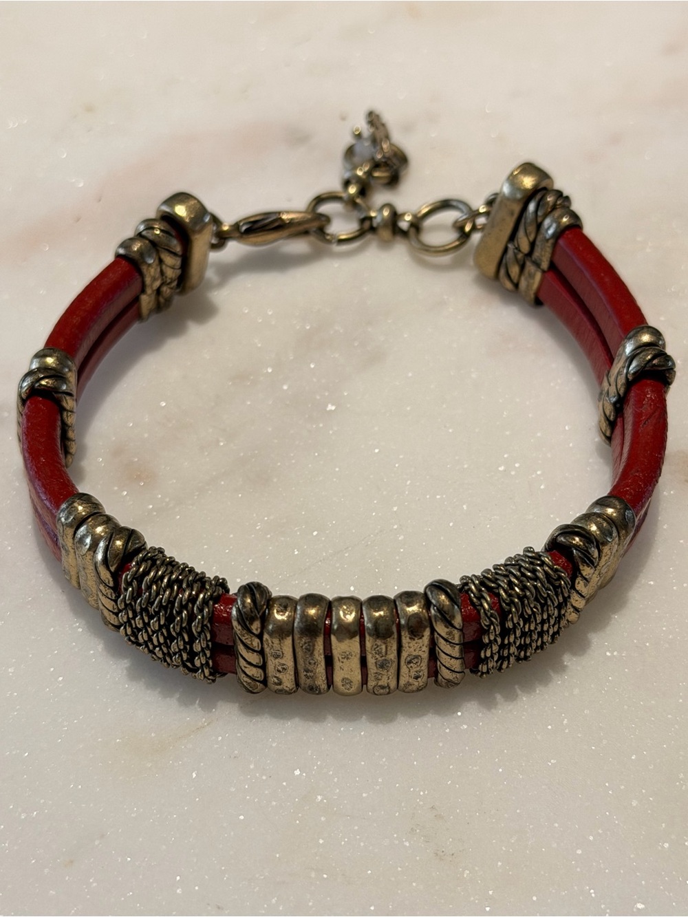 Lucky Brand Red Leather and Antique Gold-Tone chain Bracelet